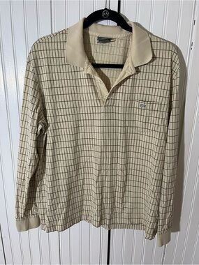 Lacoste Cream Beige Grid Long Sleeve Polo